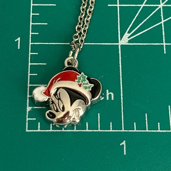 Vintage Disney Minnie Mouse Christmas Necklace Santa Hat 18" Chain Enamel Signed - Picture 7 of 7